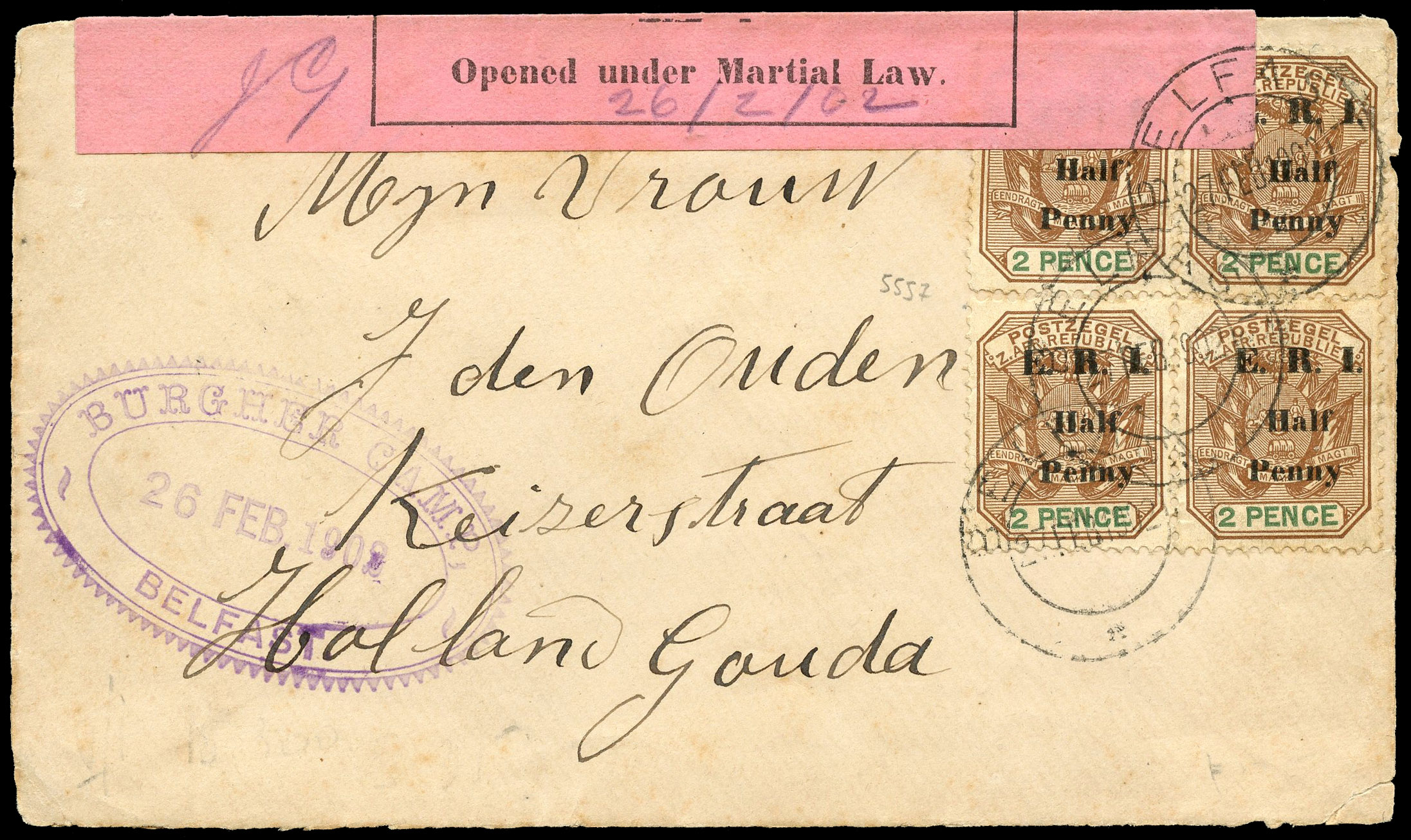 Transvaal Boer War cover from Burgher Camp Belfast