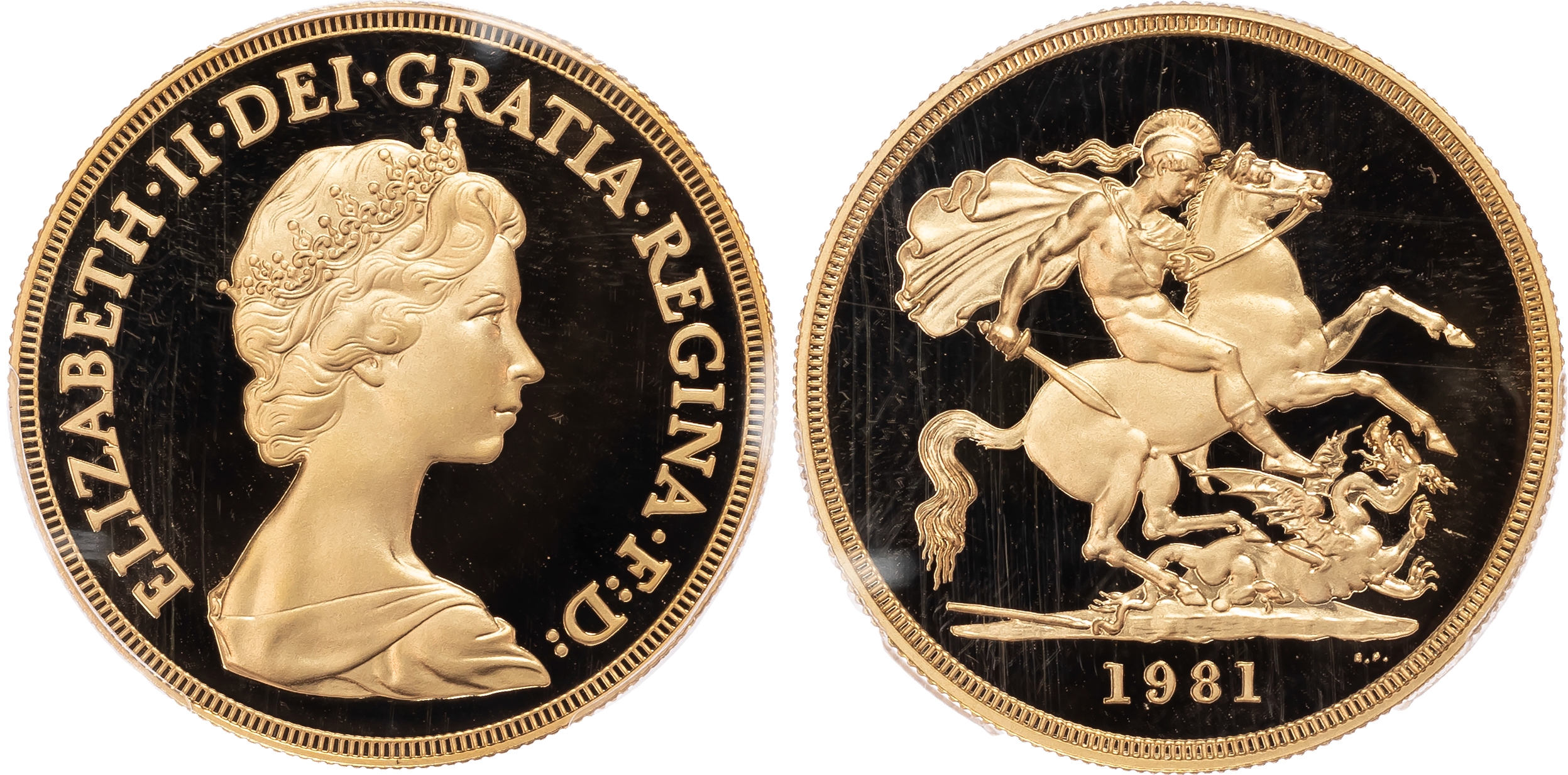 Elizabeth II (1952-2022), Gold Proof Five Pounds, 1981.