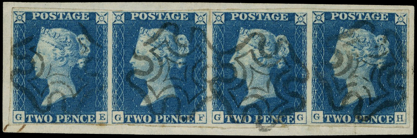 1840 2d blue, plate 1 (GE-GH). horizontal strip of four