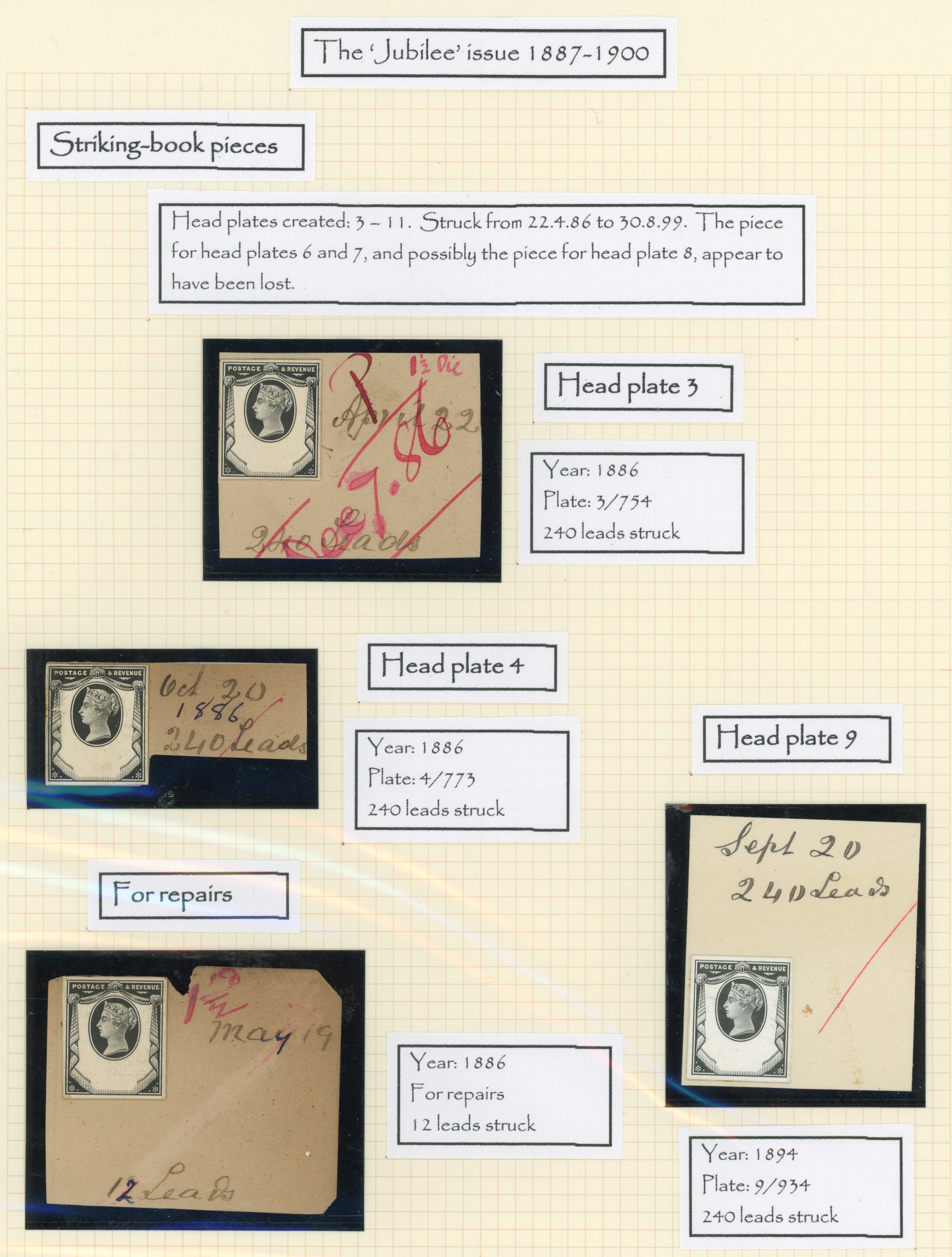 GB 1887-92 1½d stamp-sized die proofs for the Head Plate on DLR striking book pieces (4), For SG 198