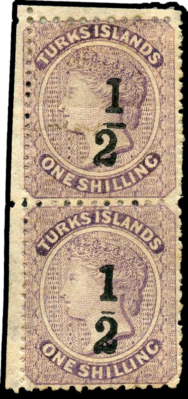 Turks Islands 1881 ½ on 1s lilac vert pair types 4 and 5 se-tenant