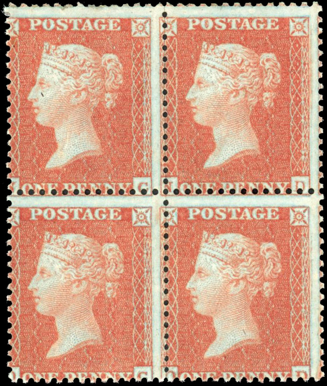GB SG 24 1854-57 1d red-brown block mint