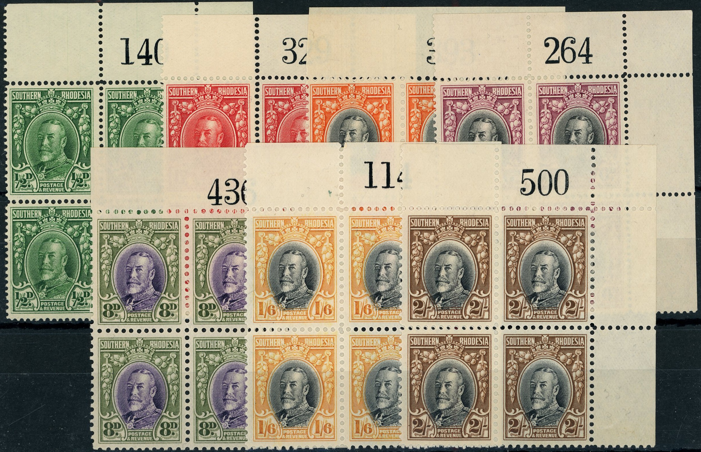 1931-37 Field Marshall group of 7 sheet number blocks of 4