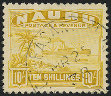 1937 10/- yellow on shiny-surfaced white...