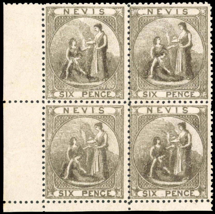 Nevis 1871-78 6d grey, lower left marginal block of four, SG 19