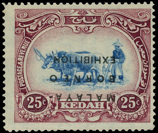 1922 Malaya-Borneo Exhibition 25c blue and purple unmounted o.g. with overprint inverted, inconspicuous crease at...
