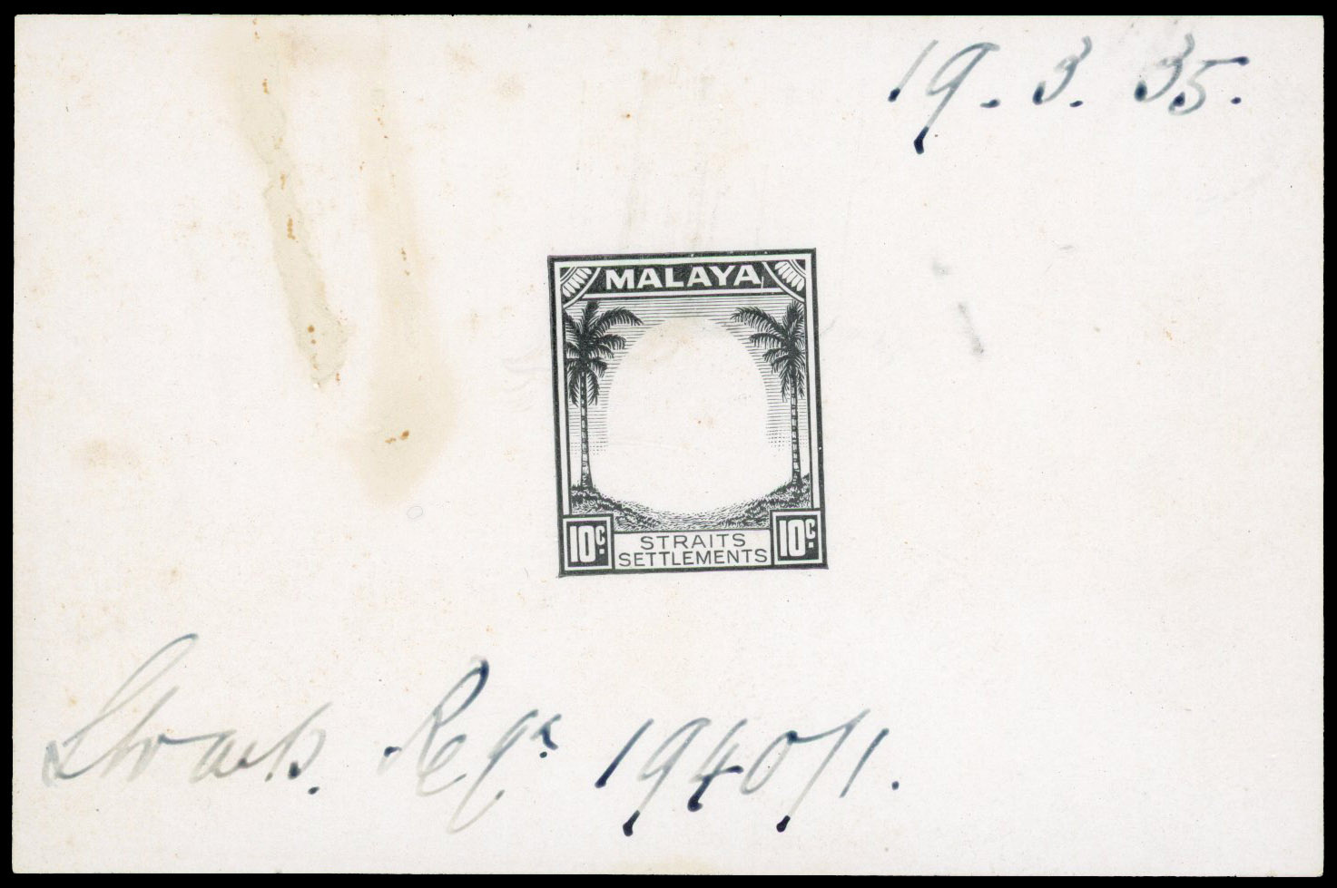 Straits Settlements 1935 10c frame die proof in black
