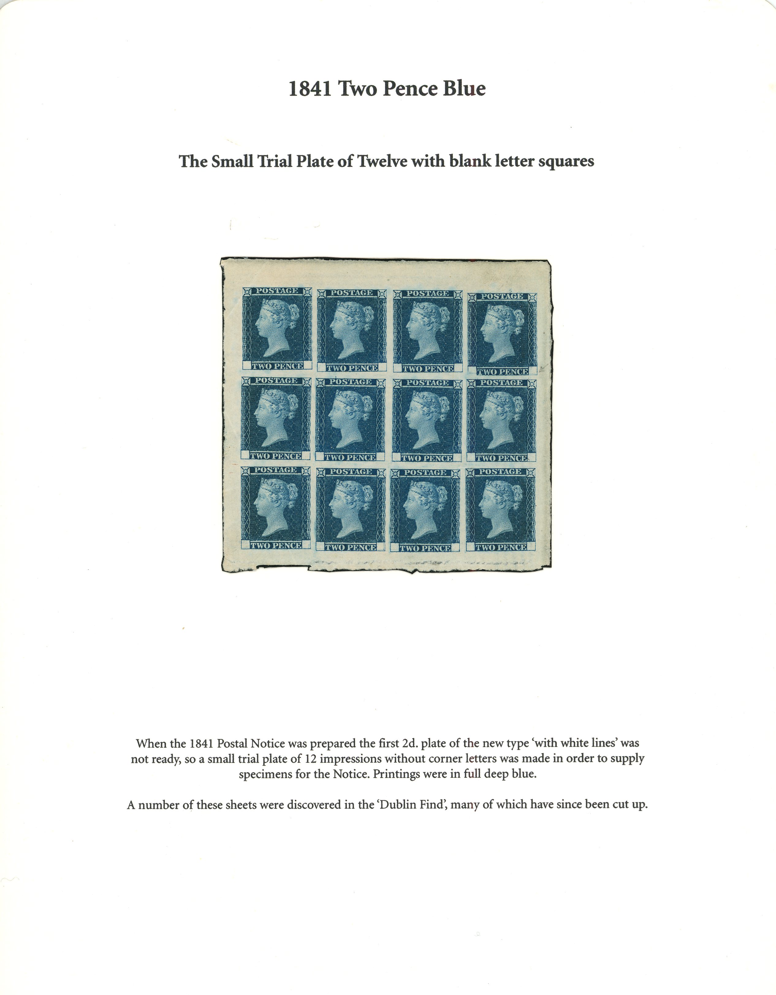 1841 Small Trial Two Pence Plate in blue, 2d with blank letter squares, a superb sheetlet with excellent...