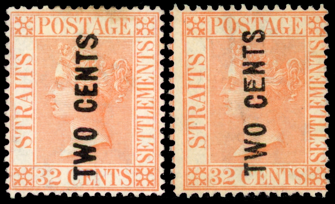 Straits Settlements SG 59/60 1883 TWO CENTS on 32c pale red both surcharge types