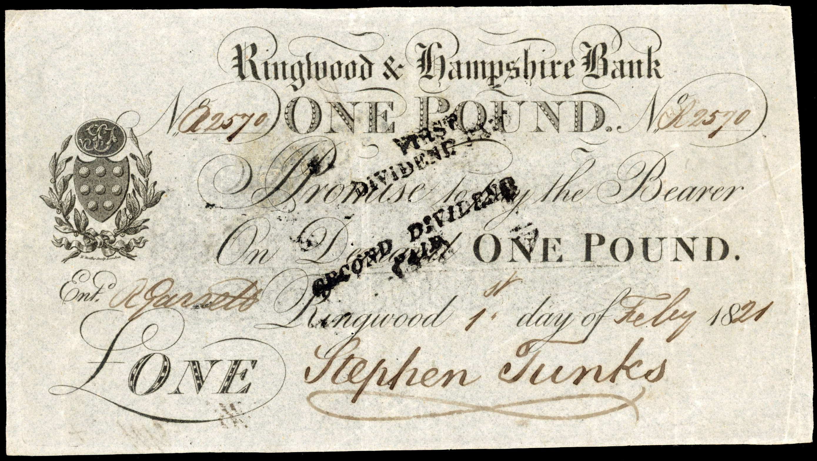 RINGWOOD, Ringwood & Hampshire Bank, for Stephen Tunks, £1.,1 February 1821, serial number R2570, Stephen Tunk…