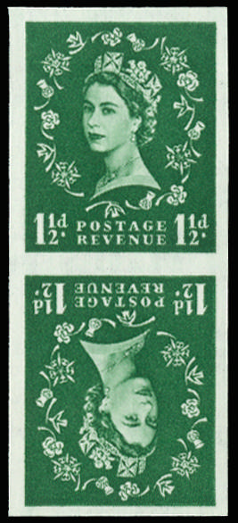 GB 1953 1½d Green (Wmk. Tudor Crown). Superb unmounted o.g imperforate vertical tête-bêche pair … SG517var