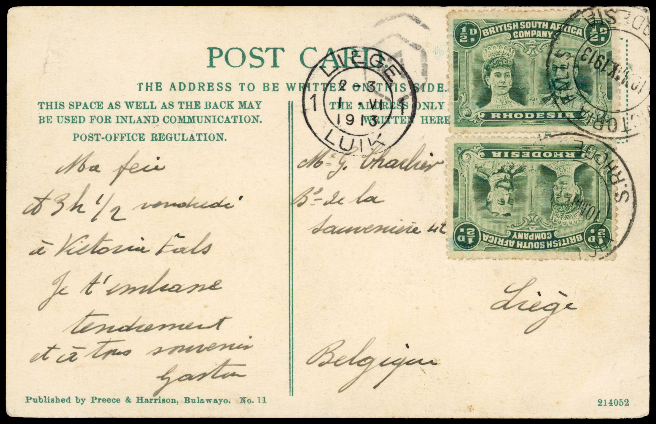 Rhodesia 1913 ppc from Victoria Falls to Belgium