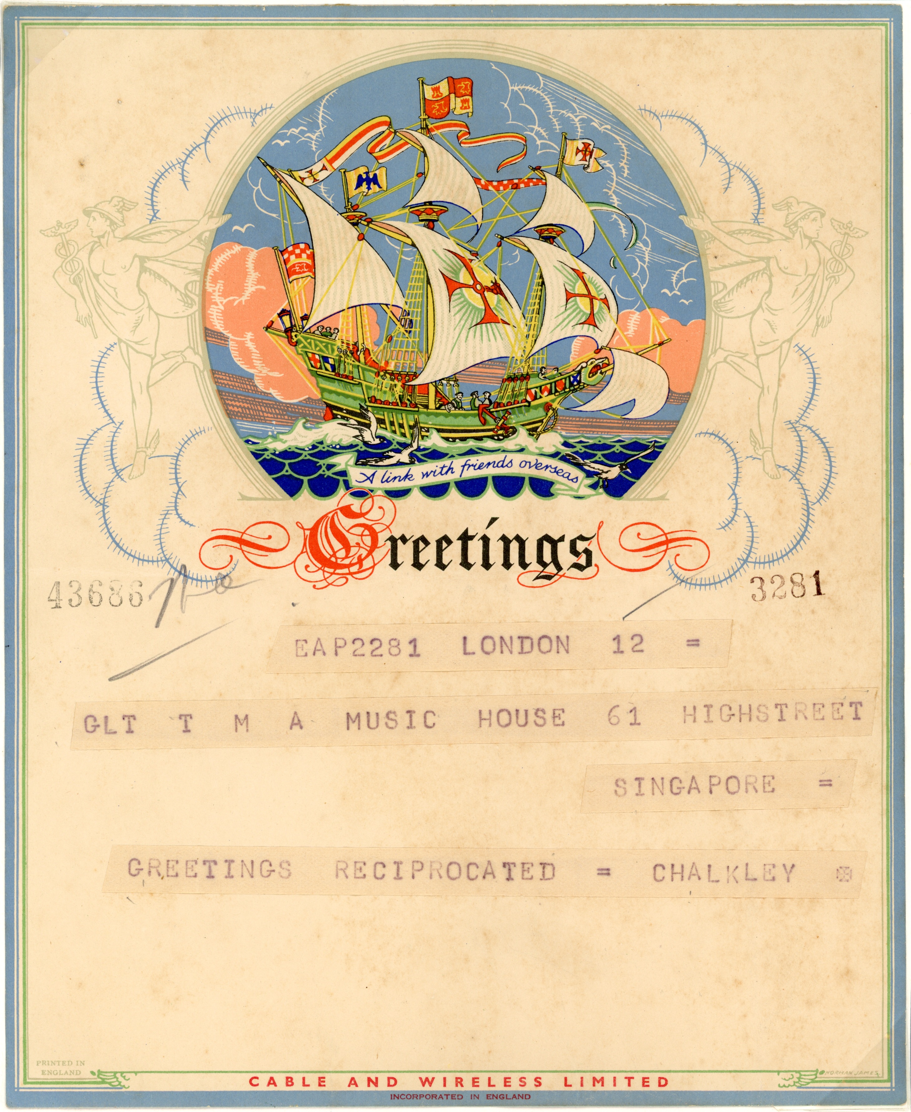 Straits Settlements c.1940s Cable and Wireless "Galleon" greetings telegraph form