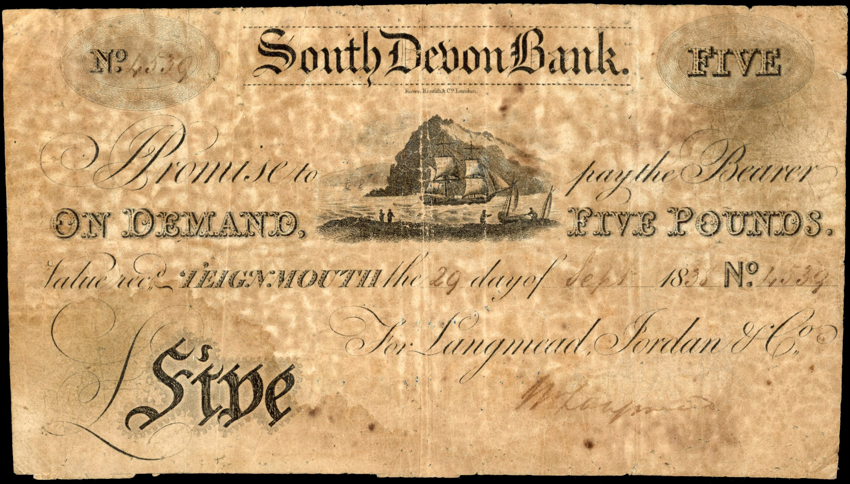 TEIGNMOUTH, South Devon Bank, for Langmead, Jordan & Co., £5.,29 September 1838, serial number 4539, W Langmea…