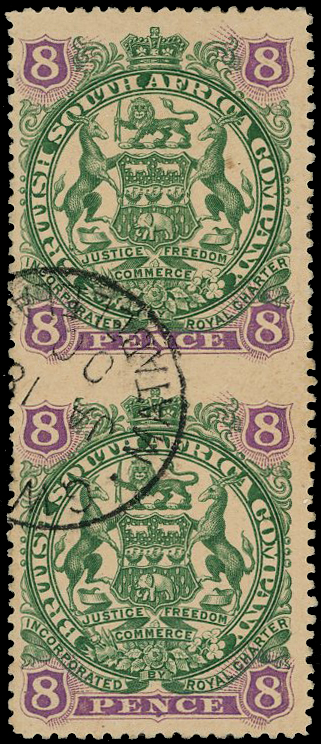 Rhodesia: 1897 8d green and mauve on buff, vertical pair, error "IMPERFORATE BETWEEN"