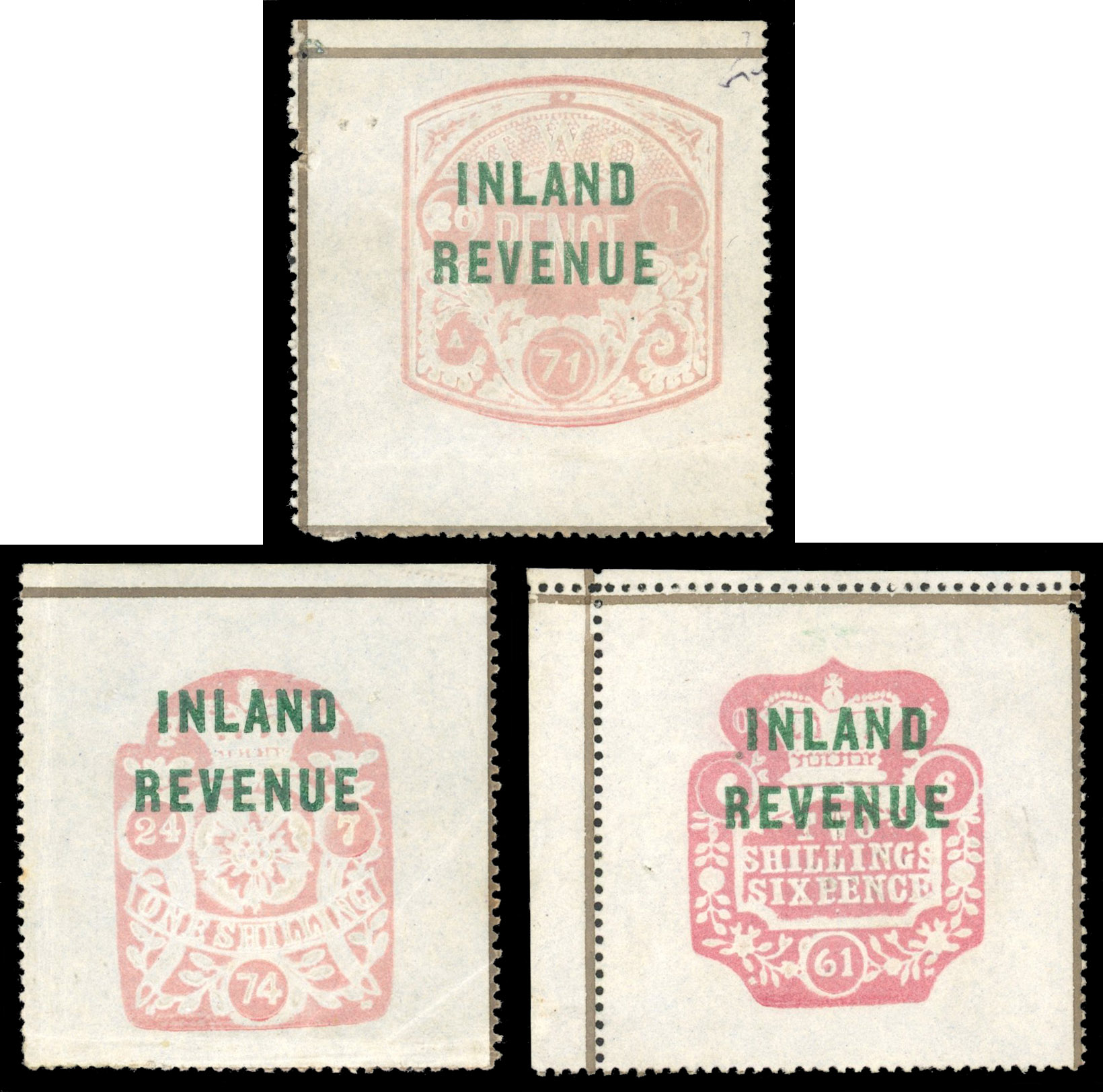 GB Postal Fiscals SG F39, 44-5 1871 2d, 1s, 2s6d pink, perforated, mint