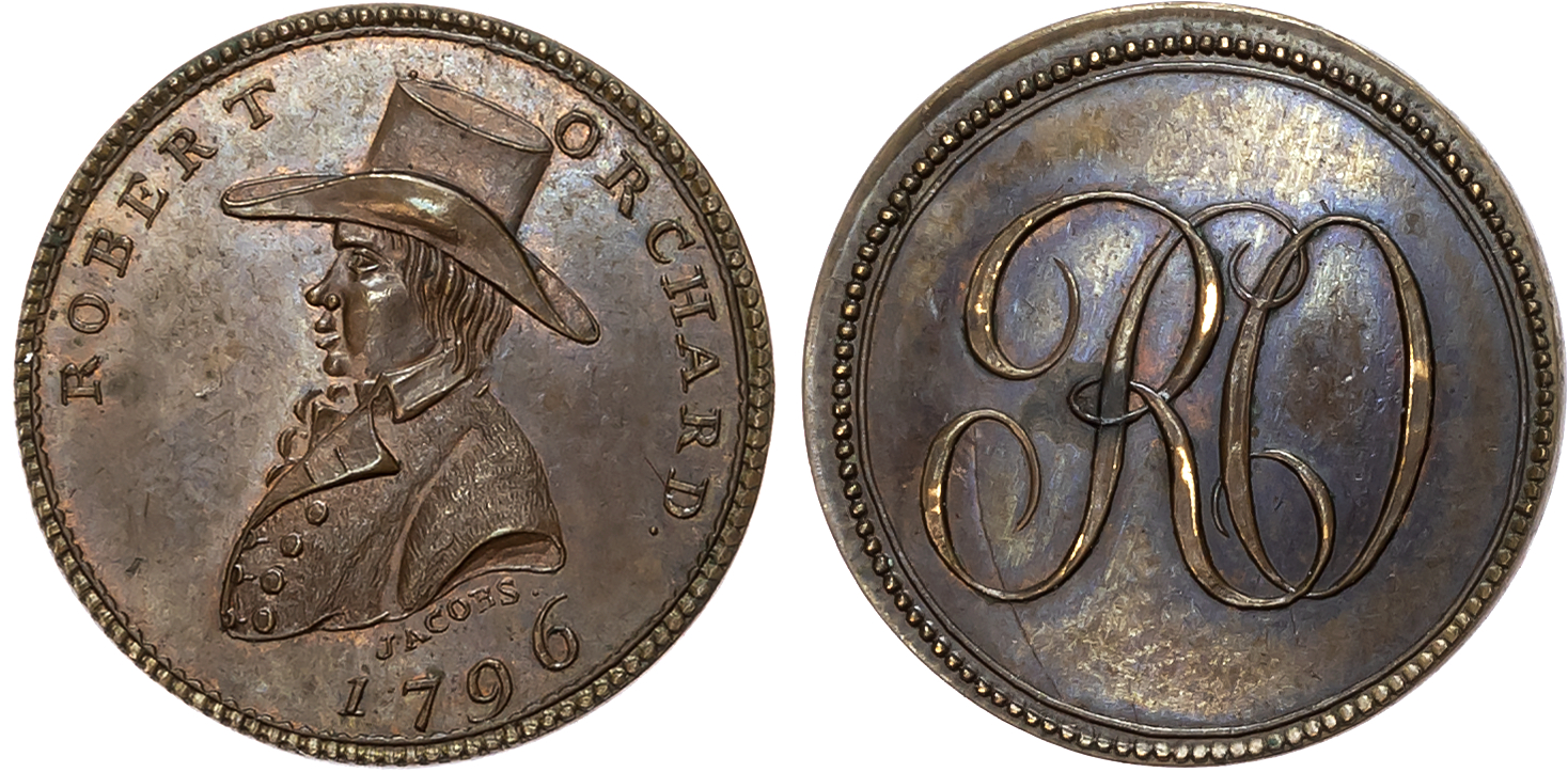 London, Soho , Robert Orchard, Jacobs’ Farthing 1796, Bust of Robert Orchard, rev . RO cypher, edge plain, 21mm/3.73gm. …