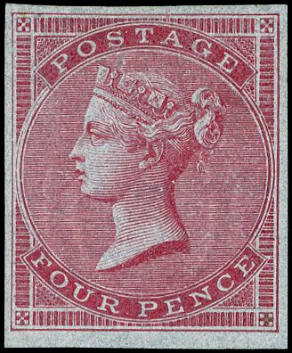 1855 4d Carmine (Thick highly glazed paper) Pl.1. Superb unused four margin imperforate imprimatur, lovely deep colour w…