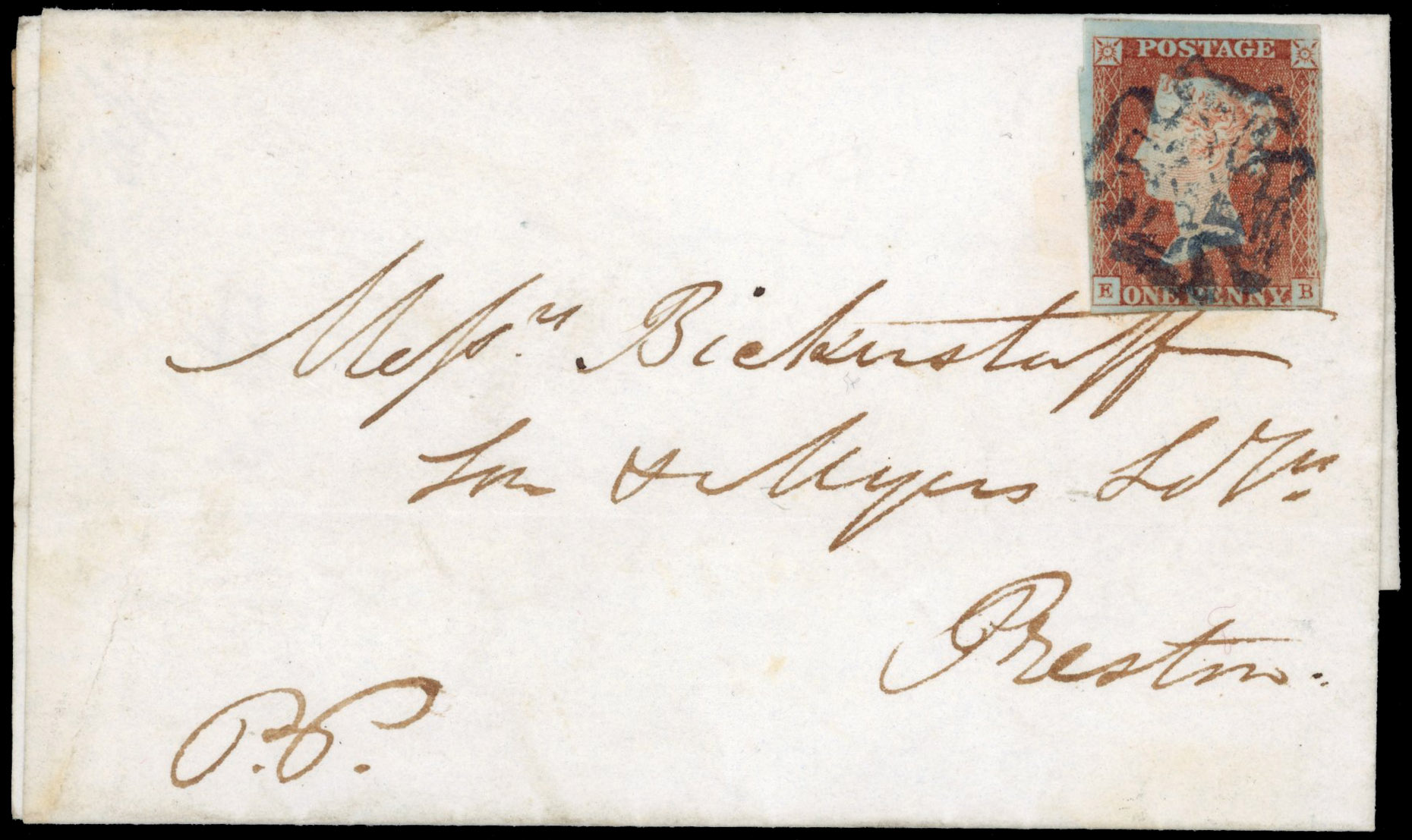 Great Britain 1842 cover with 1841 1d red with Blue MC, Spec. BS13sc, SG 8var