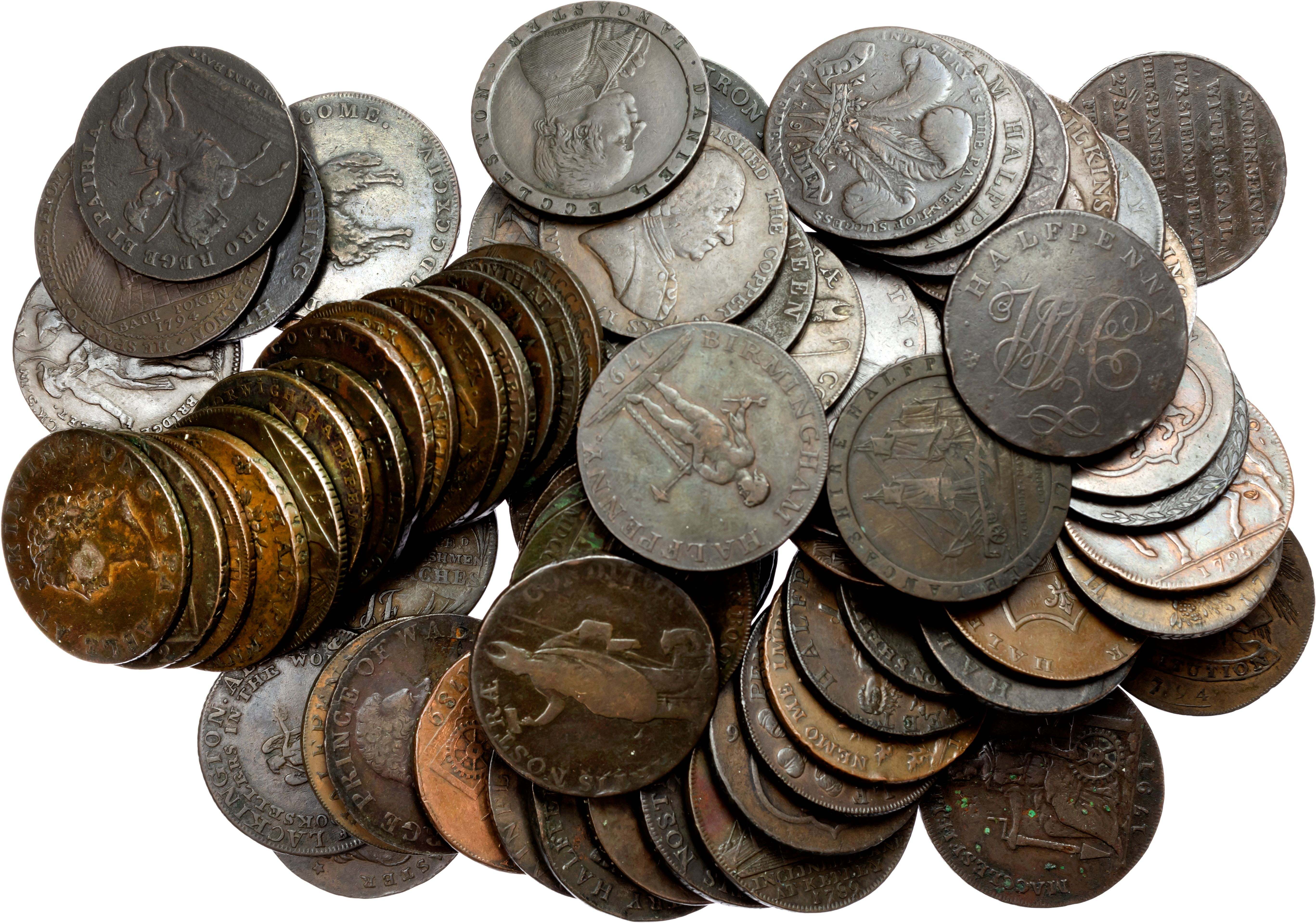 Lot of 73 English 18th. century tokens. Generally about Very Fine, some better. [73] …