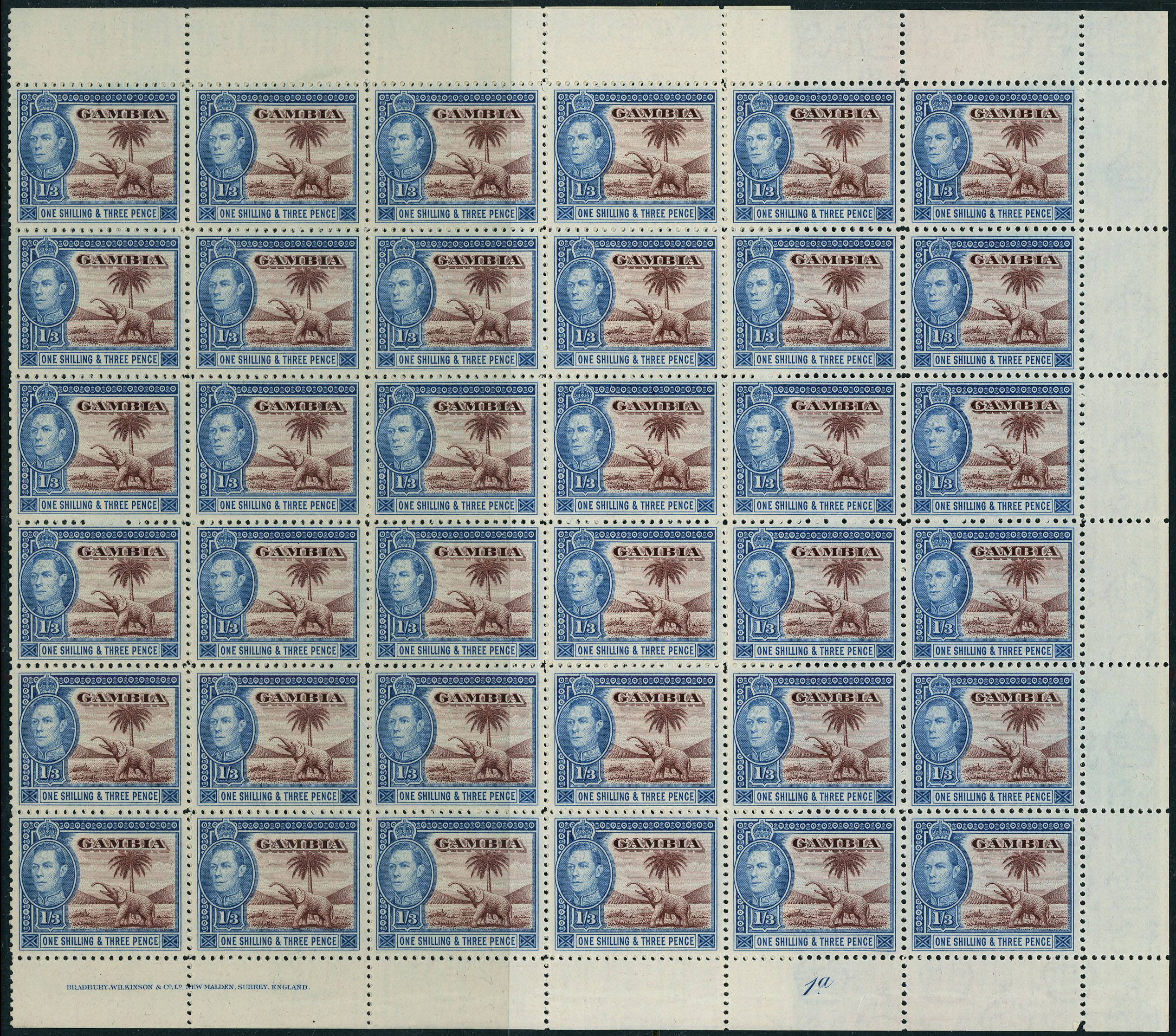 1946 1/3d chocolate and light blue complete sheet of sixty, Frame Plate 1a and BW imprint; one sensible fold, minor...