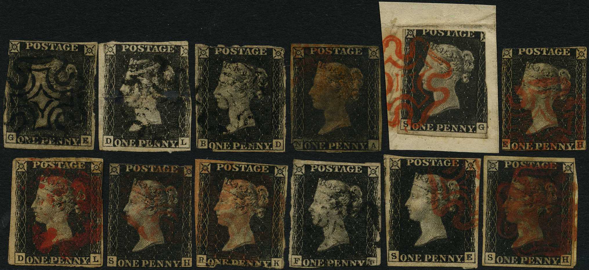 UNPLATED: 1840 1d black, twelve used...