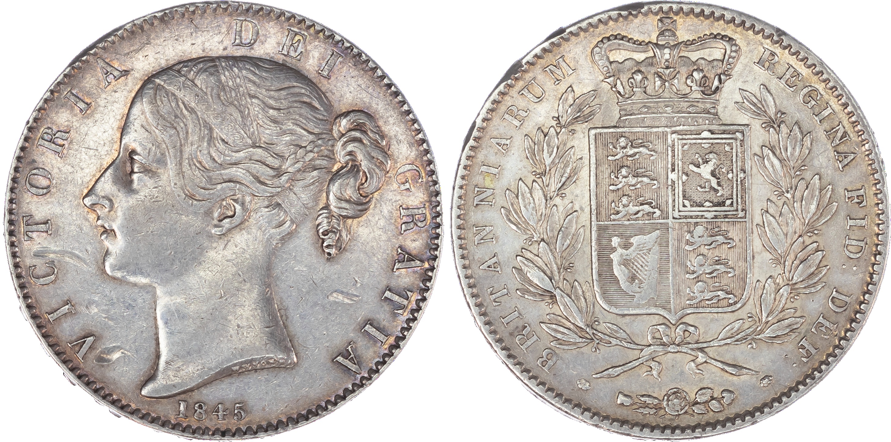 Victoria (1837‑1901), Crown, 1845, cinquefoil stops, young filleted head left, W WYON. RA raised on truncation, date below,