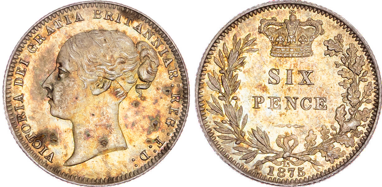 Victoria (1837-1901), AR Sixpence, 1875, Type A³, die number 13.