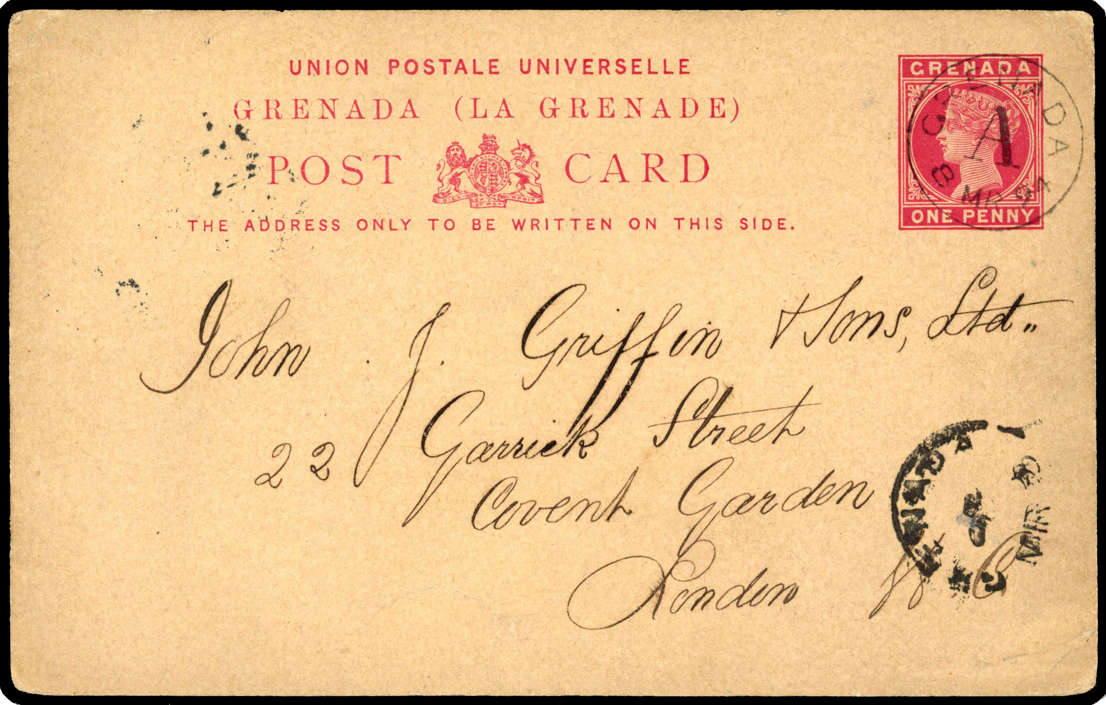GRENADA: 1894 1d stationery postcard to London cancelled ‘GRENADA/8 MAR 94/A’ scarce datestamp of Gouyave Type D3