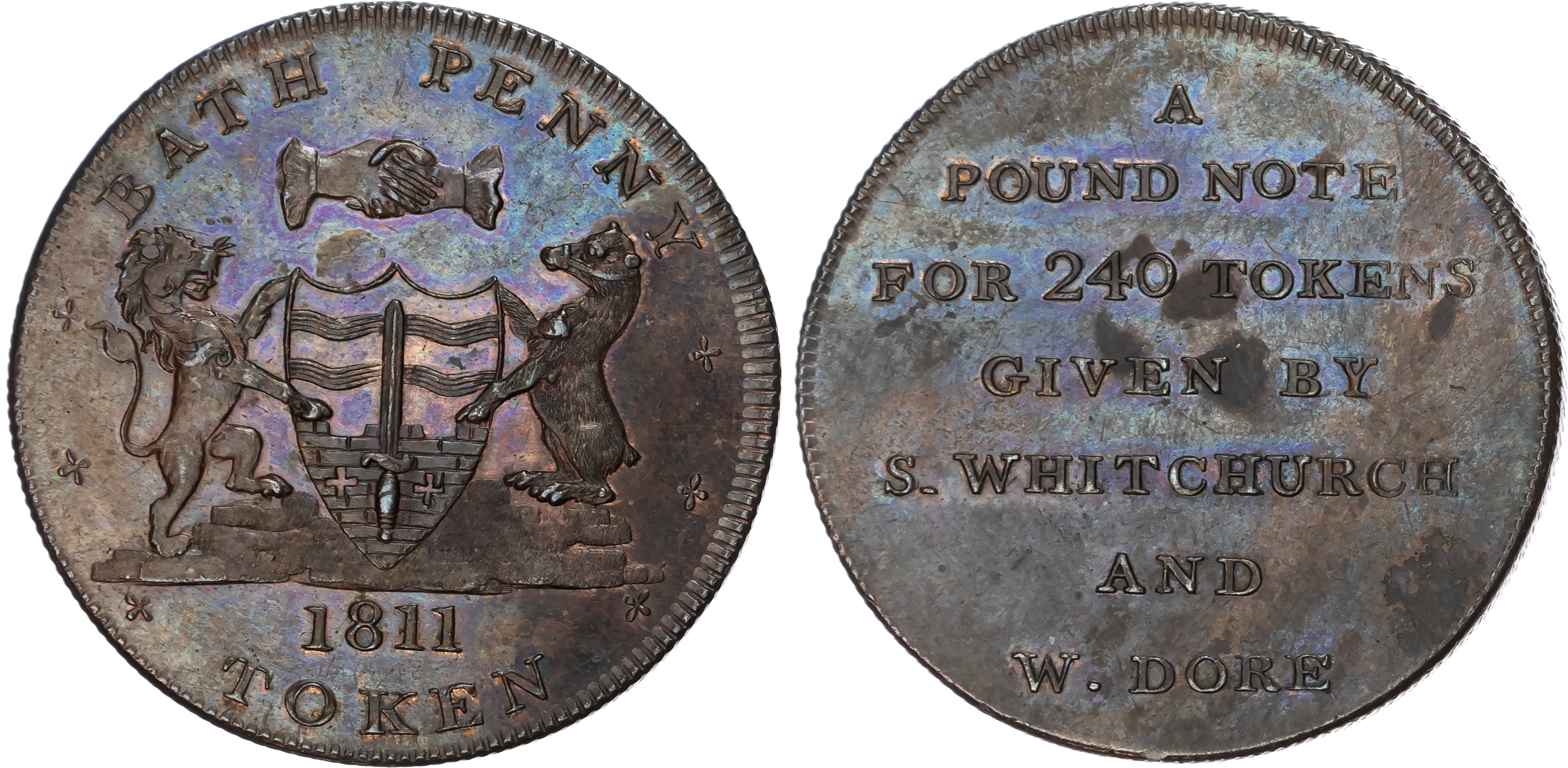 BATH, Som. Whitchurch & Dore (ironmonger and hatter/mercer) Penny 1811, Arms and supporters of bath, rev. 7-li…
