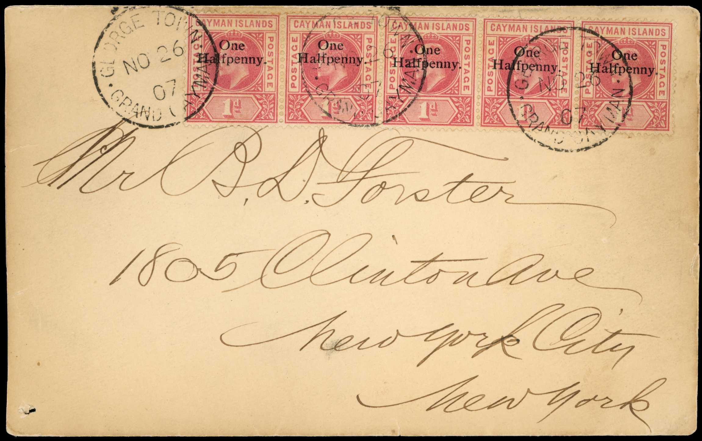 1907 Horizontal strip of five "One Halfpenny"...