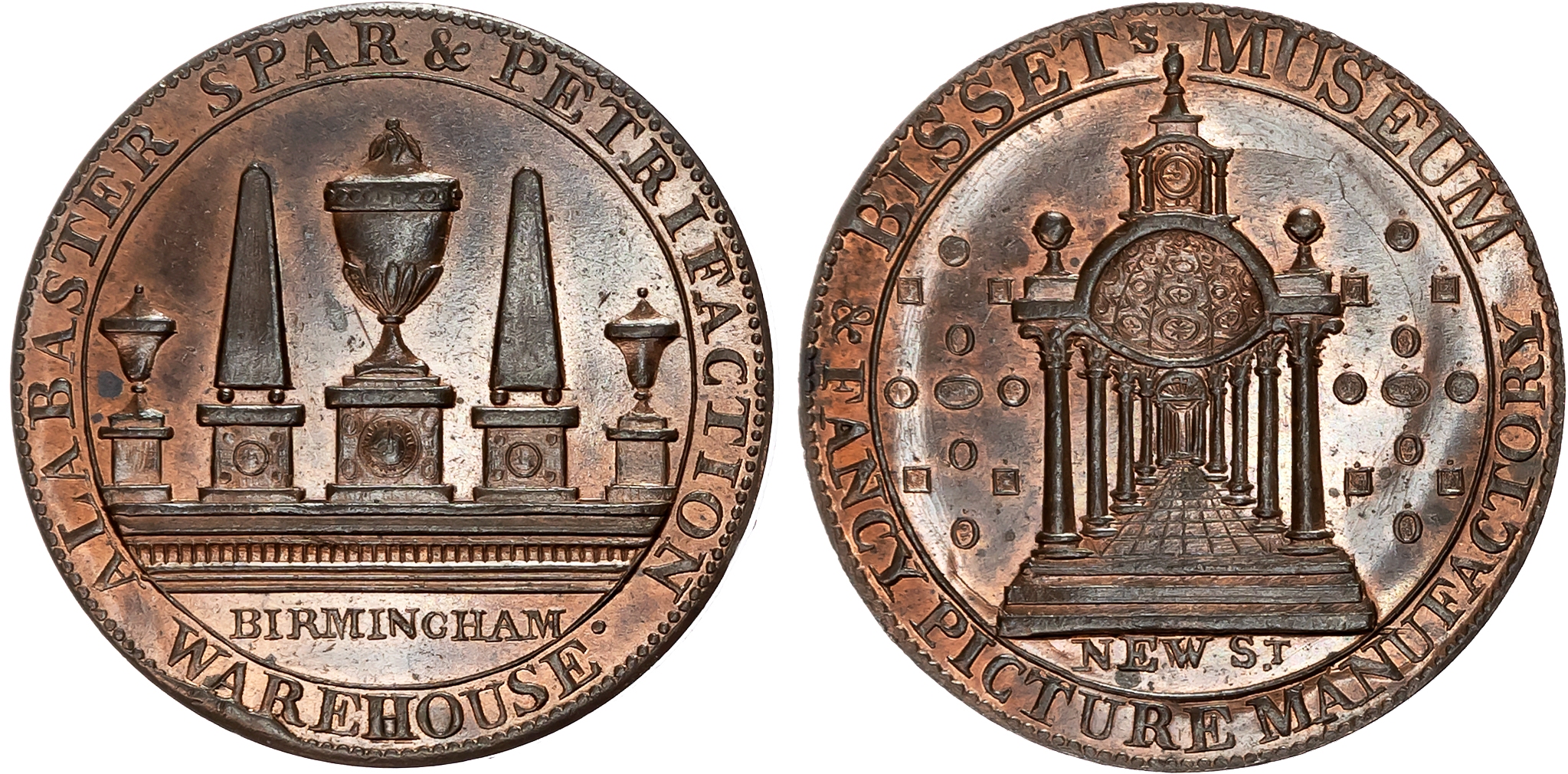 Warks. Birmingham , James Bisset (proprietor of museum and marble warehouse) Halfpenny undated, view through a colonnade …