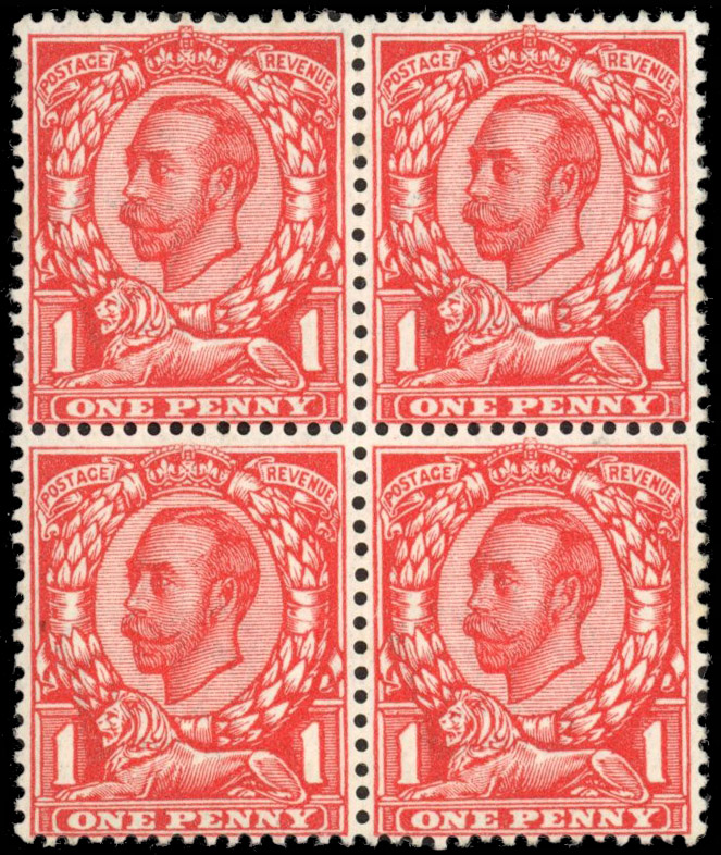 GB 1912 watermark Crown 1d aniline scarlet, block of four, unmounted mint o.g. variety ‘NO CROSS ON CROWN’