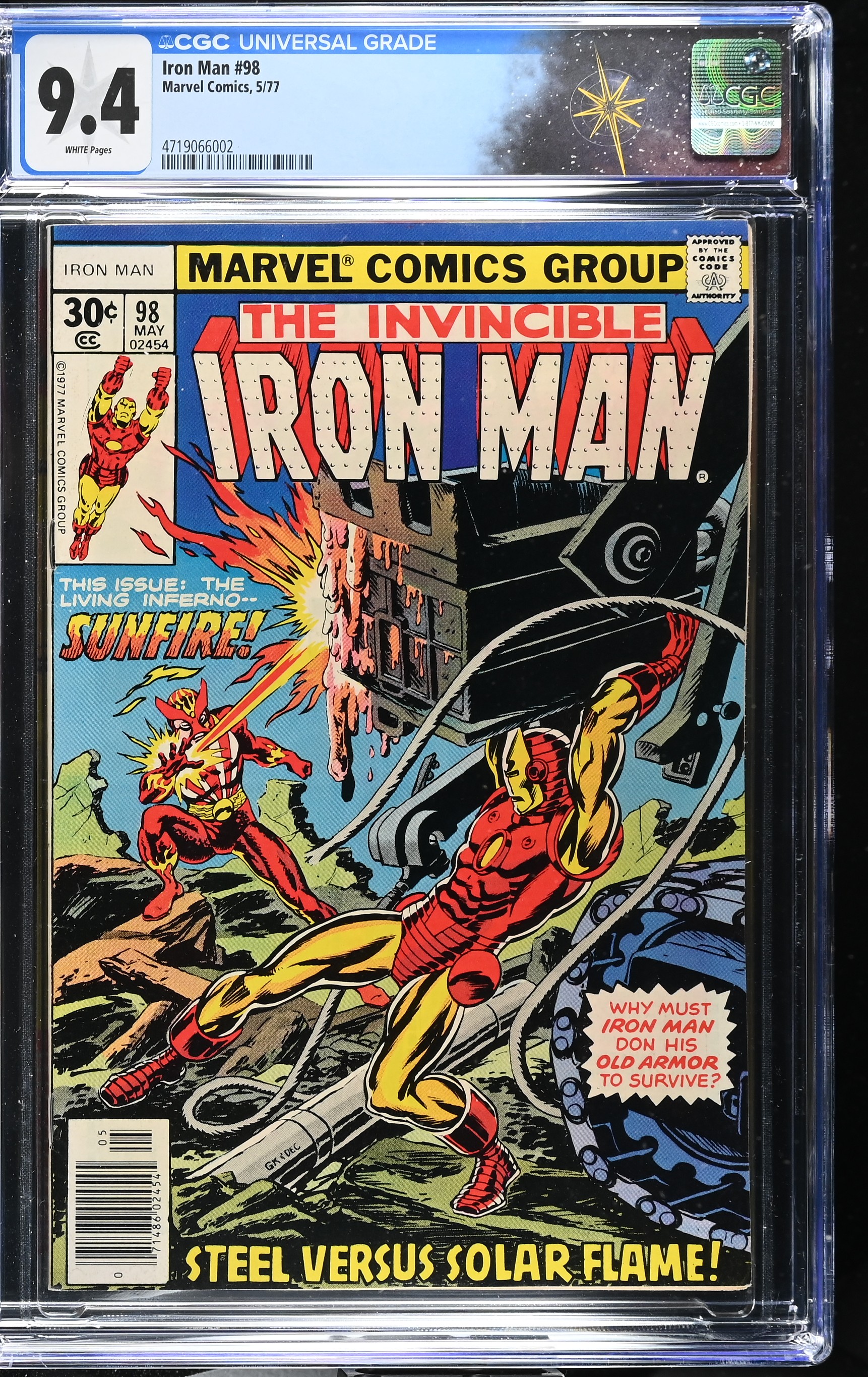 Iron Man #98 CGC 9.4 "Sunfire Strikes Again!" Cover by Gil Kane (Marvel Comics, 1977) White Pages