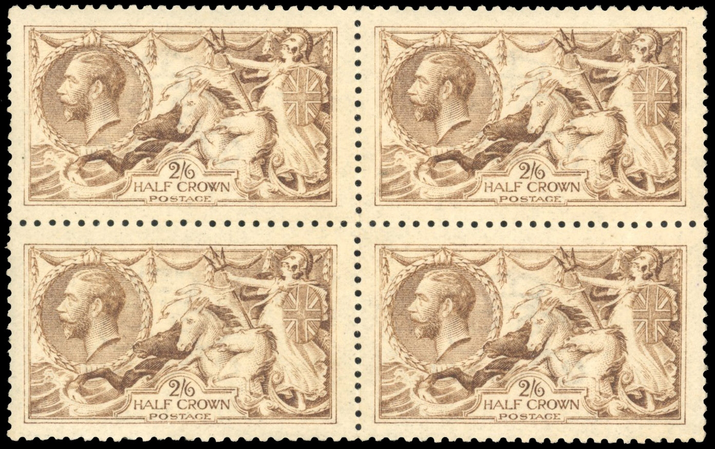 GB 1915 De La Rue 2s6d yellow-brown, unmounted mint in an unusually worn plate, block of four