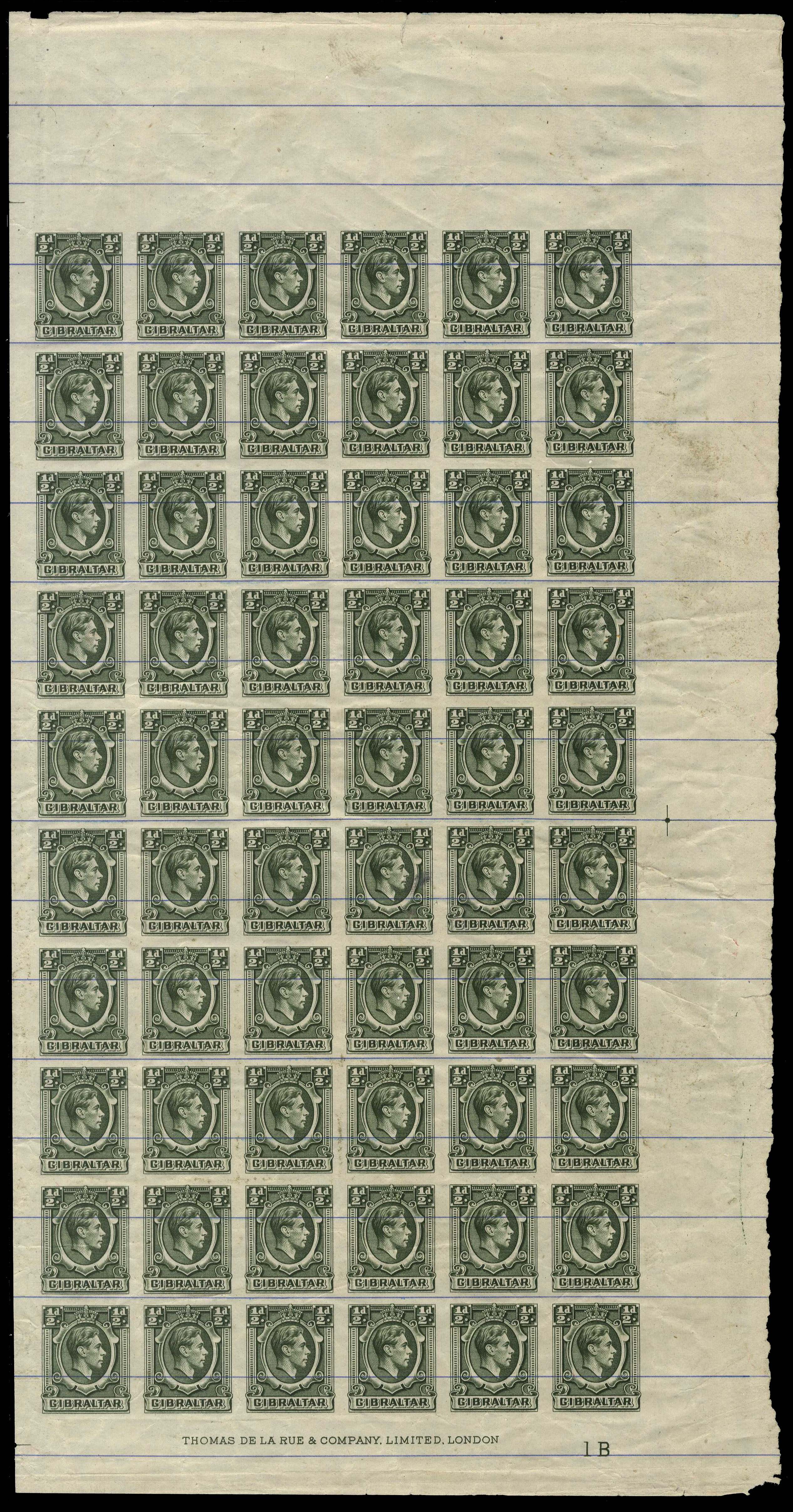 Gibraltar SG 121 KGVI ½d printer's proof block of 60 