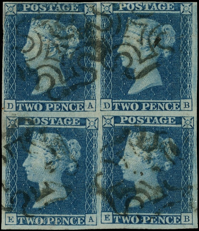 GB: 1840 2d blue plate 3, four margin block of 4 (DA-EB)neatly cancelled by black Scottish type...