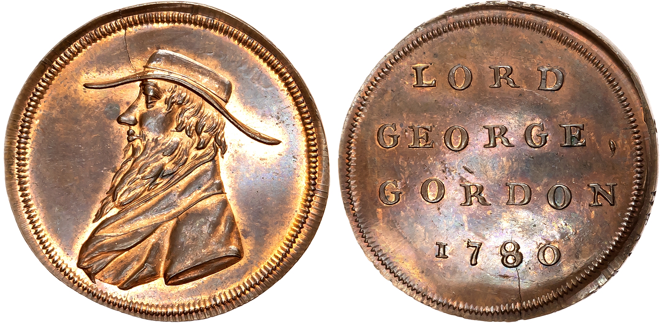 London , Holborn, Thomas Spence Halfpenny [late 1790s], Draped bust left of Lord George Gordon, rev. 3-line legend and d …