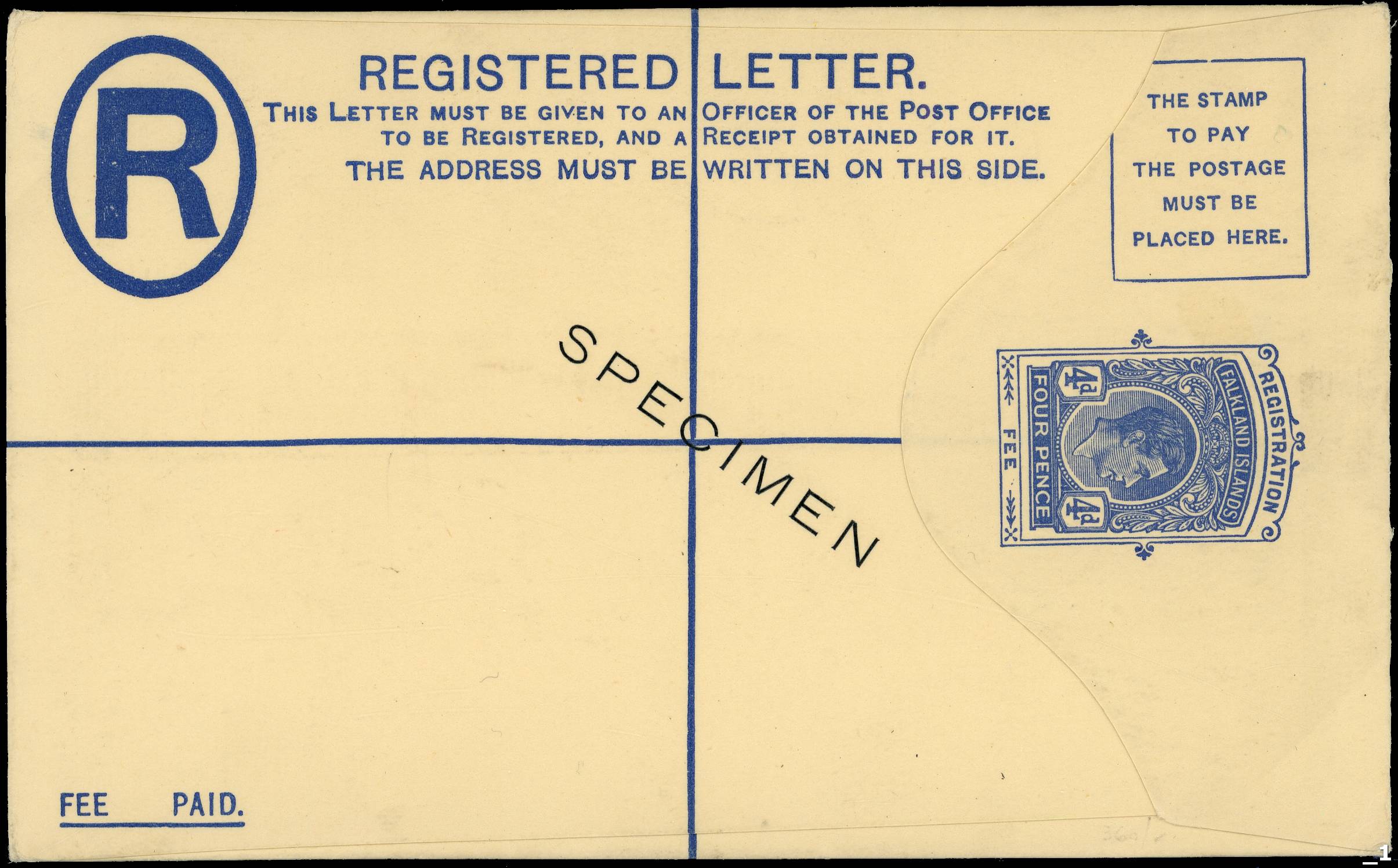 FALKAND ISLANDS 1938 4d blue H&G size G registered envelope overprinted “SPECIMEN”