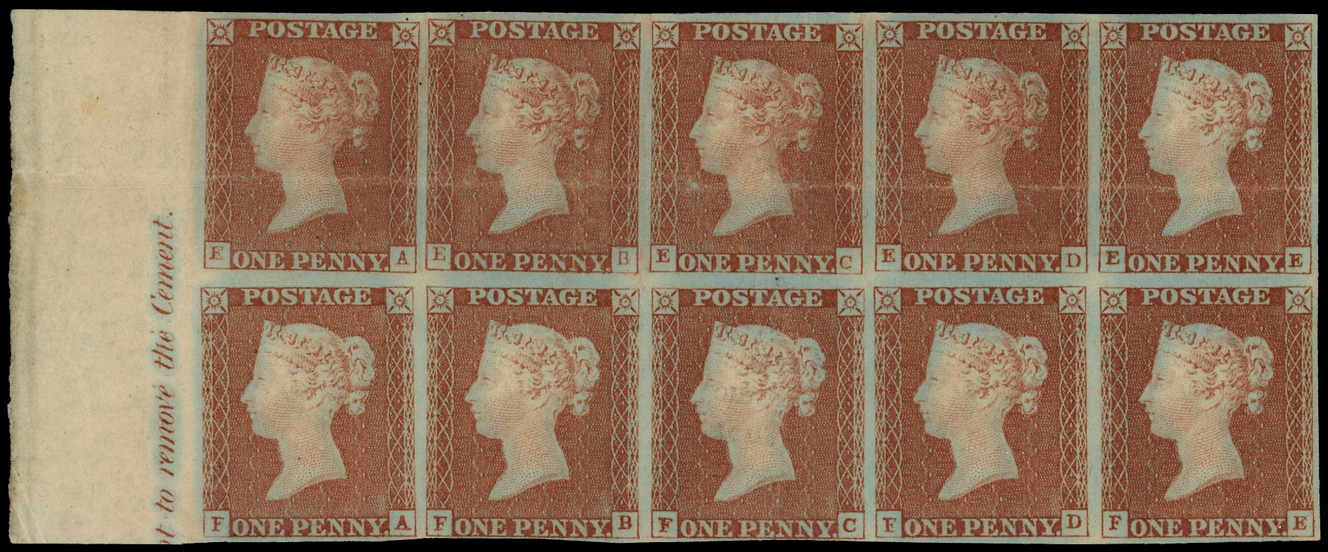 1841 1d Red-brown Pl.30. Unused o.g. block of 10
