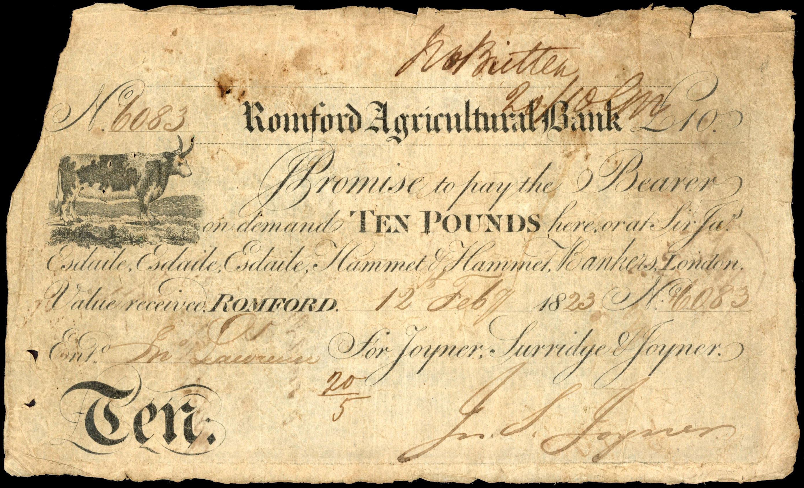 ROMFORD, Romford Agricultural Bank, for Joyner, Surridge and Joyner, £10.,12February 1823, serial number 6083,…