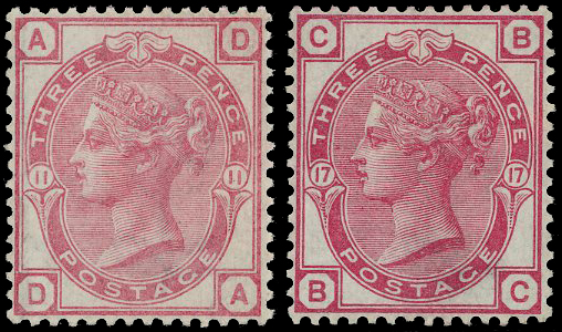 1873-75 3d pale rose Pl.11 & 3d Rose Pl.17.