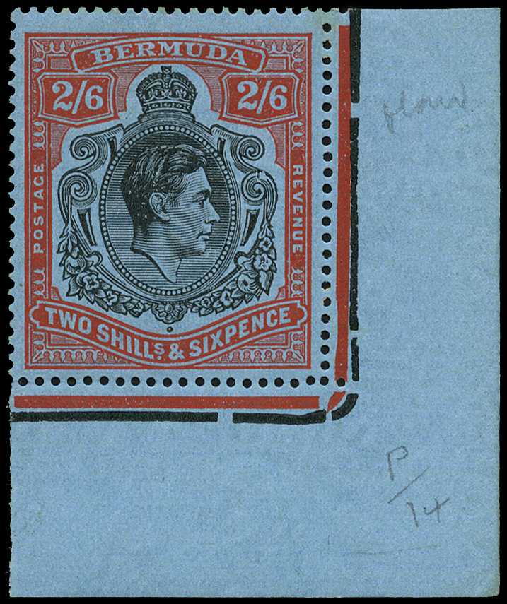 1943 2/6d black and red on pale blue paper...