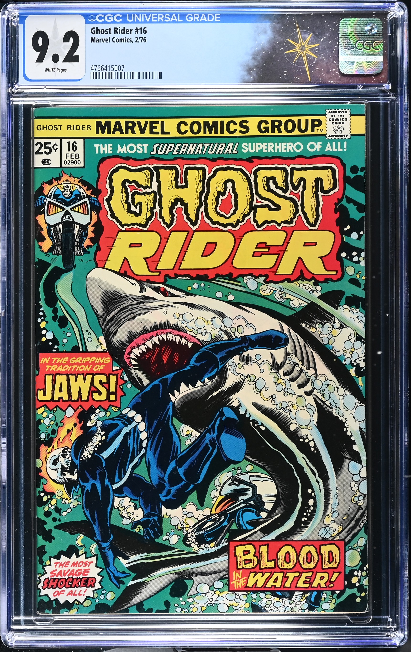 Ghost Rider #16 CGC 9.2 Shark Cover by Bob Brown and Dave Cockrum (Marvel Comics, 1976) White Pages