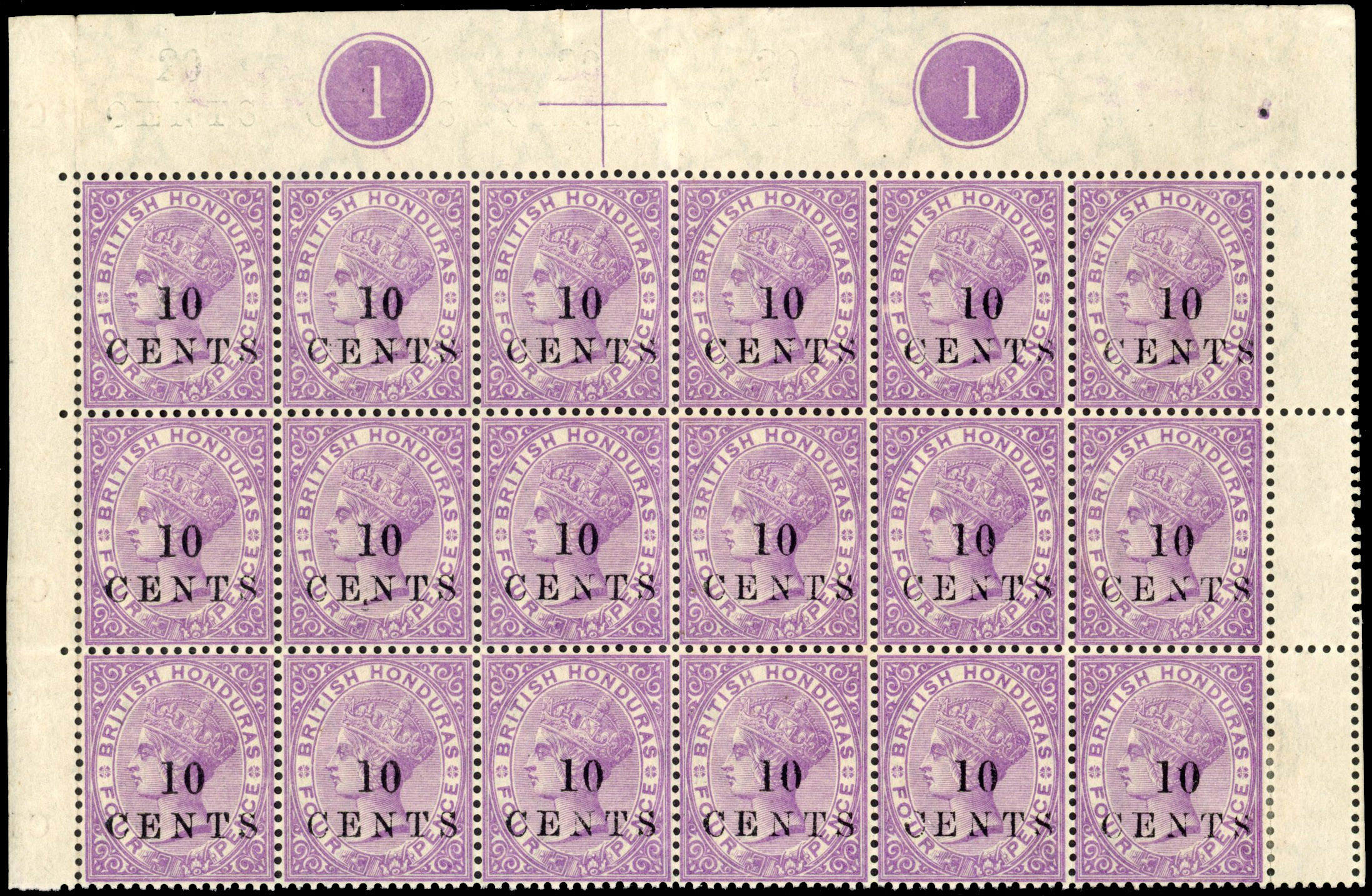 British Honduras 1888 10c on 4d mauve SG 28 block mint