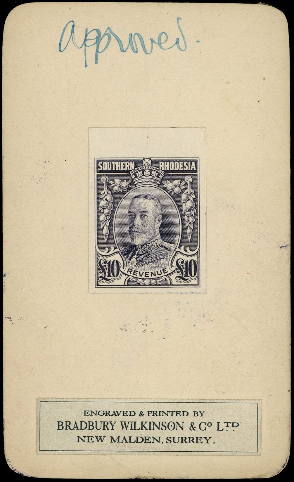 Southern Rhodesia Revenue 1930 £10 deep violet, imperforate colour trial