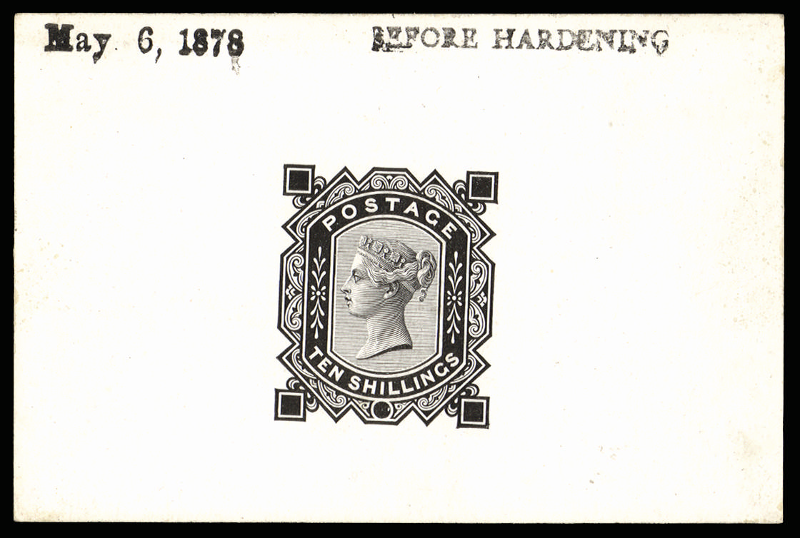 Great Britain 1878 10s Die proof. Very fine example printed in black on white glazed card (91 x 60mm), dated "May …