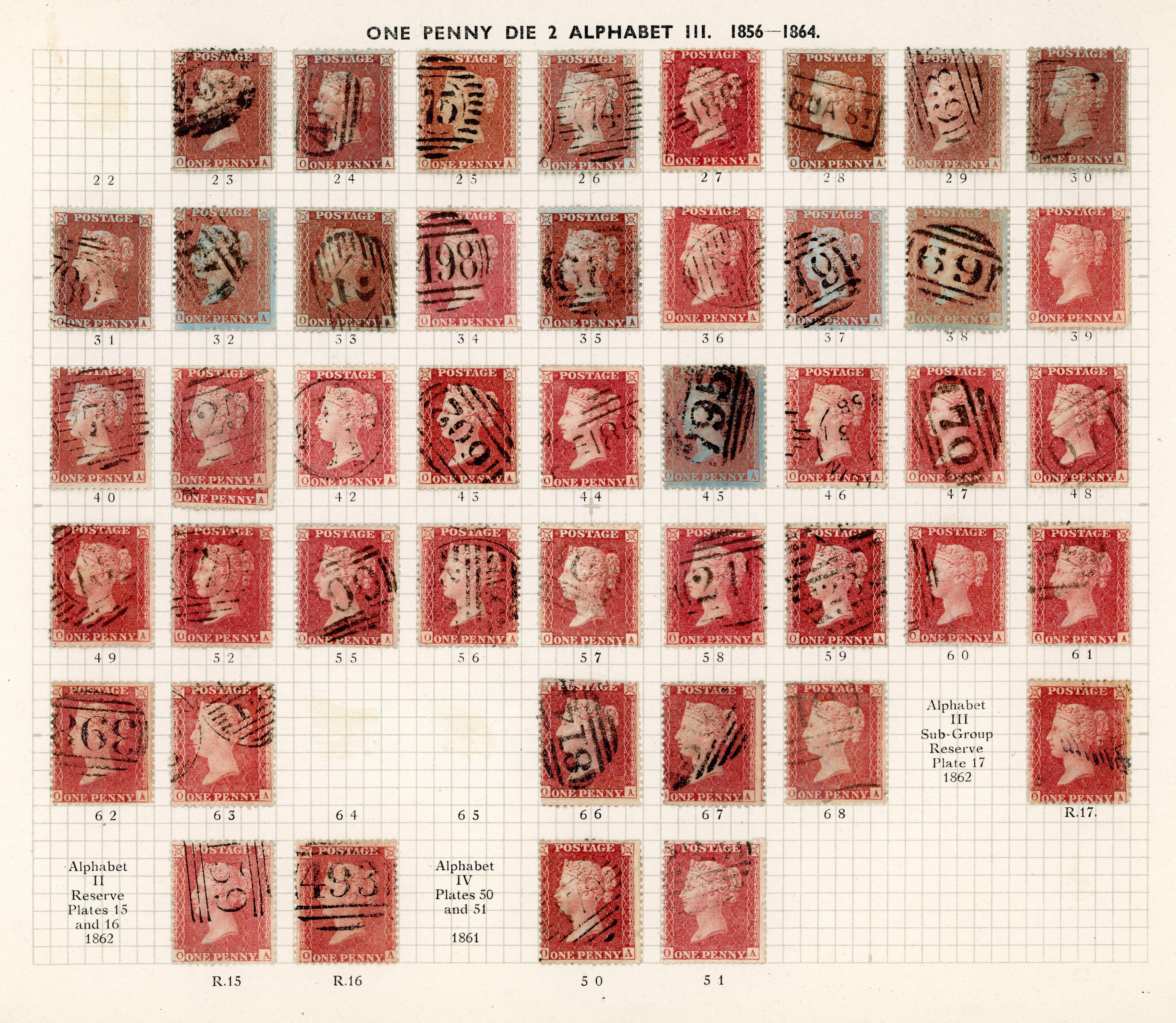 GB 1856-64 1d reds from Plates 22 - R17, the O Row