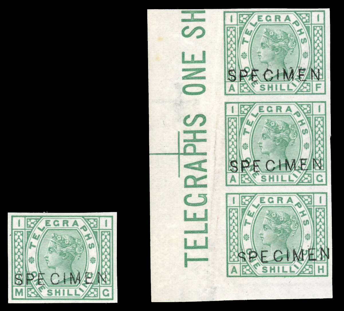 1876 1/- deep green Pl.1 (MG) and left hand marginal vertical strip of three (AF-AH) imperforate optd "SPECIMEN" type 10....