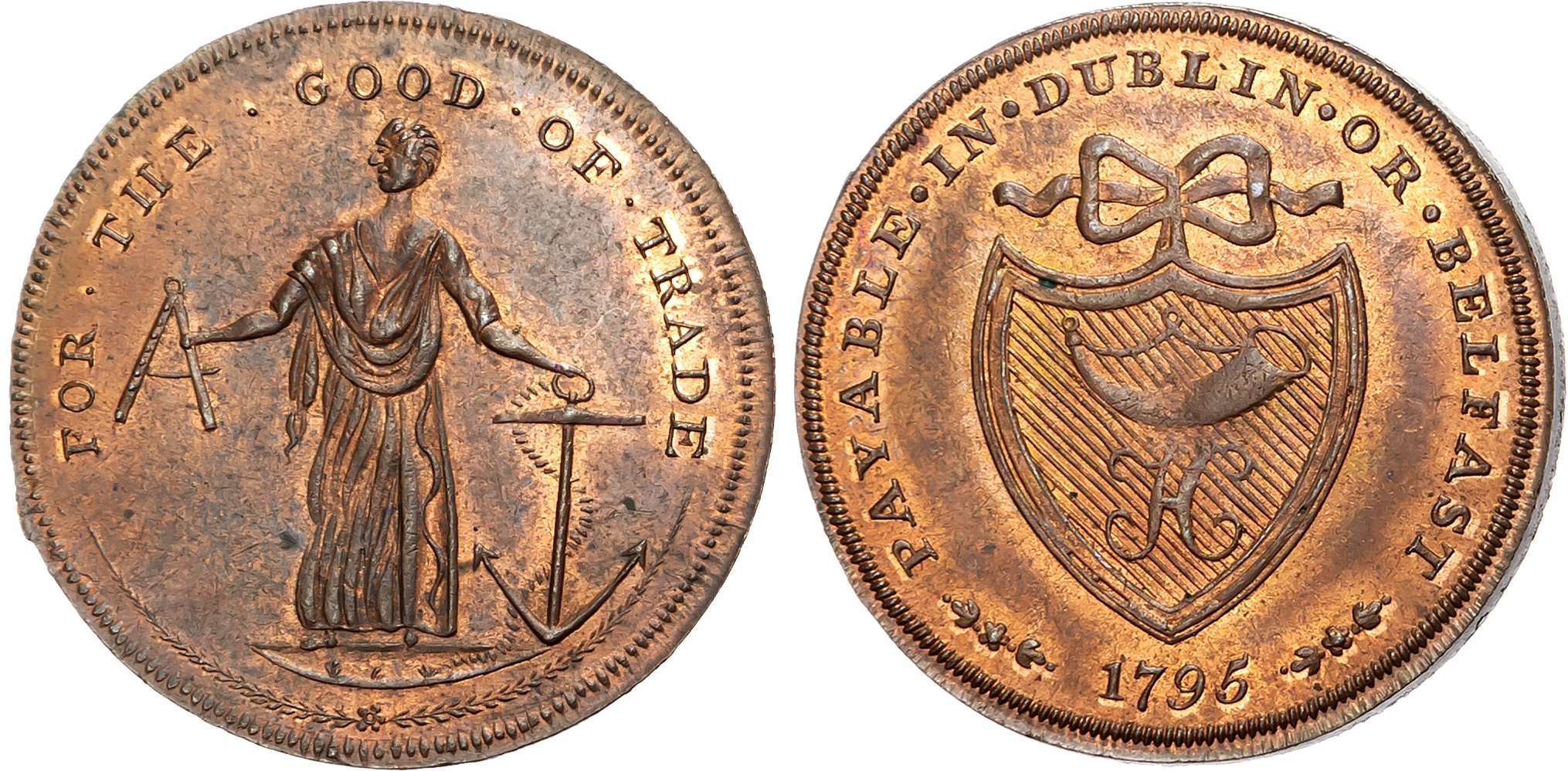 Co. Dub.  Dublin, Prattent’s mule Halfpenny 1795, H and bugle-horn within shield, rev. Hope (?) standing holding sextant …